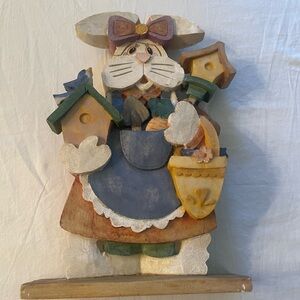 Vintage Hand-Painted Wooden Gardener Bunny Rabbit Figurine